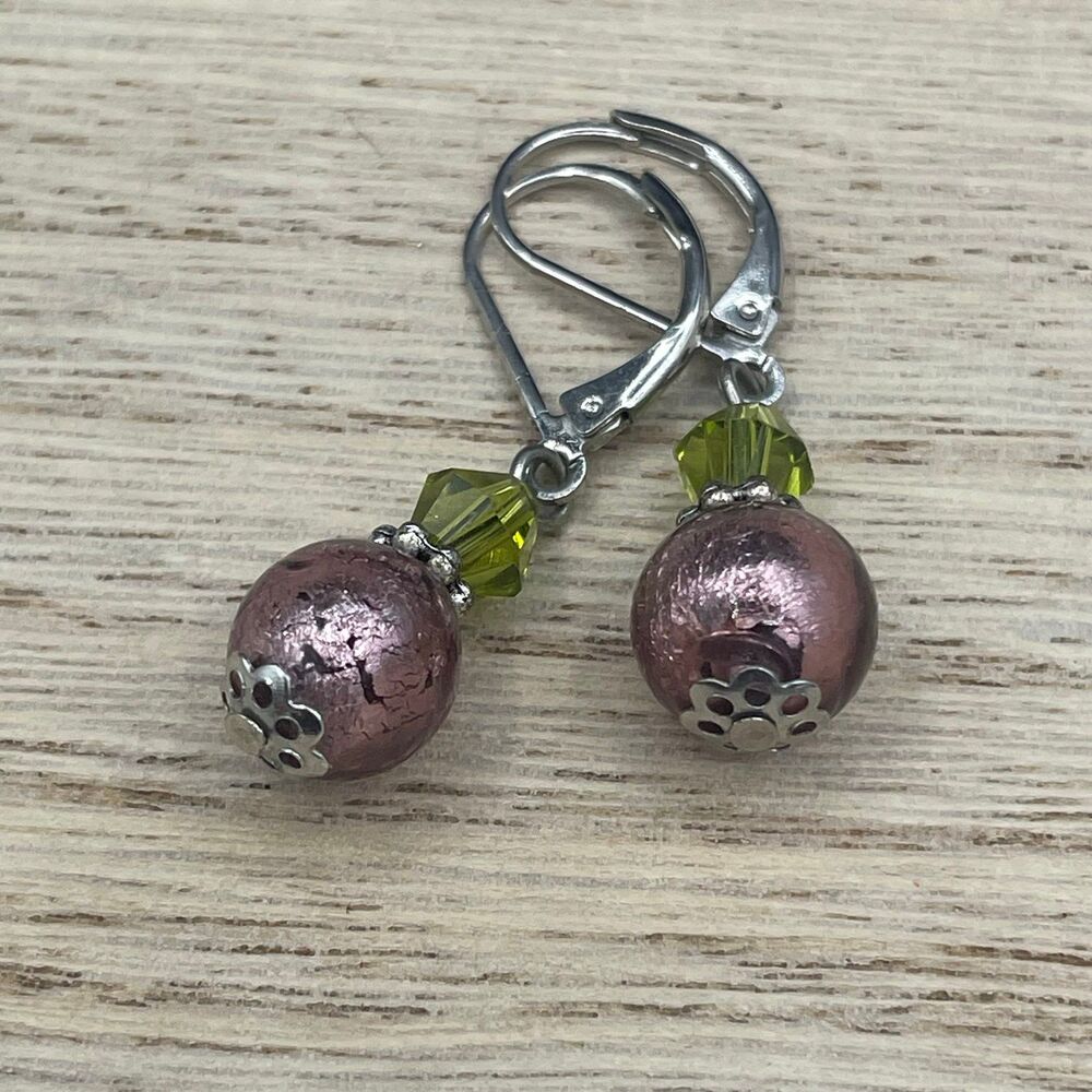 Vintage Purple Foil Bead Leverback Earrings Green Faceted Crystal Accent Dangles